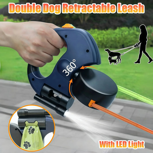 360° No-Tangle Double Retractable Leash with LED Light